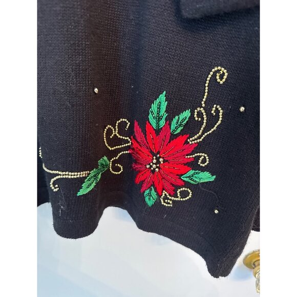 Victoria Jones Black Christmas Sweater Scarf Set XL Poinsettia Embroidery - Picture 3 of 7